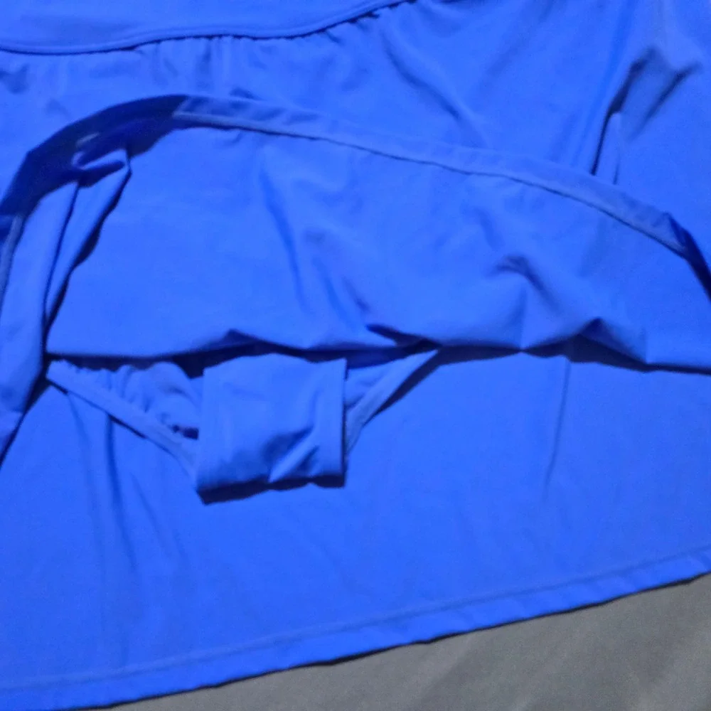 Susan Graver Tankini Swimsuit Set Women 26W Blue White Ruffle Tropical Skirt